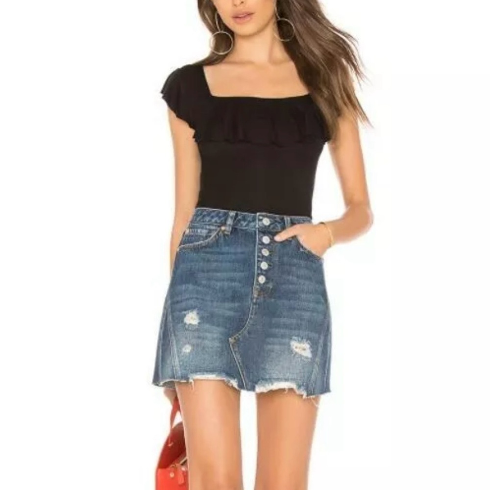 Free People We The Free Womens Blue Denim A-Line Mini Skirt Raw